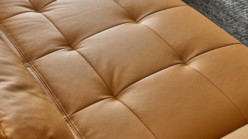 Ecksofa KAWOO aus Leder in Gelb KAWOO Serie Santa Lucia - Ecksofa bzw. Polstermöbel senffarbenes Leder Punch & schwarze Holzfüße - ca. 295 x 199 cm