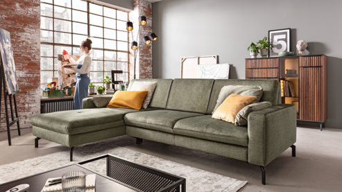 Ecksofa Megapol aus Stoff in Grün Polsterserie VS-MP1154 - Ecksofa olivfarbener Mikrovelours Isa - Stellfläche ca. 276 x 178 cm