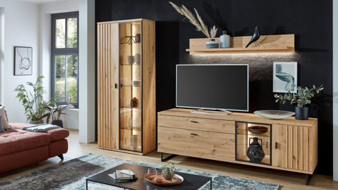 Wohnwand PARTNERRING COLLECTION aus Holz in Holzfarben PARTNERRING COLLECTION Wohnmöbel Binz - Wohnwand Eiche Artisan - dreiteilig, Breite ca. 305 cm
