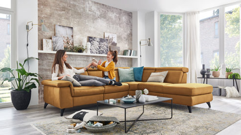 Ecksofa Steinpol polsteria aus Leder in Gelb Polsterprogramm Relaxa 6.0 Plus PSG XC - Ecksofa senffarbener LongLife-Leder Punch - Stellfläche ca. 270 x 239 cm