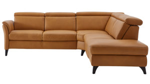 Ecksofa Steinpol polsteria aus Leder in Gelb Polsterprogramm Relaxa 6.0 Plus PSG XC - Ecksofa senffarbener LongLife-Leder Punch - Stellfläche ca. 270 x 239 cm