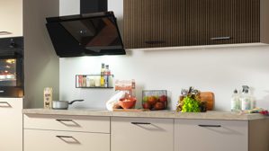 Einbauküche Express küchen aus Holz in Hellgrau EXPRESS KÜCHEN Einbauküche Win mit Einbaugeräten Cremegrau & Stripe Dunkelbraun - Länge ca. 280 cm