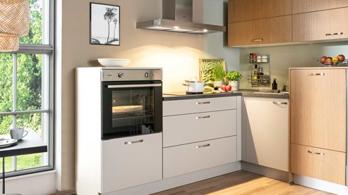 Einbauküche Express küchen aus Holz in Hellgrau EXPRESS KÜCHEN Einbauküche Win mit Einbaugeräten Hellgrau & Stripe Hellbraun - Stellfläche ca. 225 x 250 cm