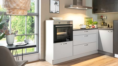 Einbauküche Express küchen aus Holz in Holzfarben Dunkel EXPRESS KÜCHEN Einbauküche Win mit Einbaugeräten Hellgrau & Stripe Dunkelbraun - Stellfläche ca. 225 x 250 cm