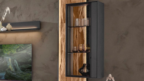 Hängeschrank Wöstmann markenmöbel aus Holz in Dunkelgrau WÖSTMANN Wohnprogramm WM 2470 - Hängeelement mit Glastür graphitgrauer Lack - eine Tür, Breite ca. 47 cm