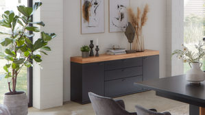 Sideboard Mca furniture aus Holz in Schwarz Wohnmöbelserie Messina - Sideboard Schwarzgrau & Risseiche - zwei Türen, drei Schubladen, Breite ca. 180 cm