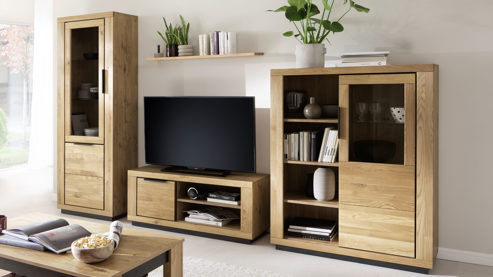 Wohnwand Mca direkt aus Holz in Holzfarben Wohnprogramm Greno - Wohnwand Wildeiche - vierteilig , Breite ca. 346 cm