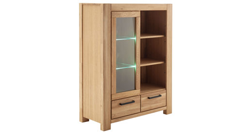 Vitrine Mca direkt aus Holz in Holzfarben Wohnprogramm Silias - Kombi-Highboard Wildeiche - zwei Schubladen, eine Glasrahmentür, drei Fächer, Höhe ca. 140 cm