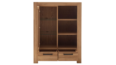 Vitrine Mca direkt aus Holz in Holzfarben Wohnprogramm Silias - Kombi-Highboard Wildeiche - zwei Schubladen, eine Glasrahmentür, drei Fächer, Höhe ca. 140 cm