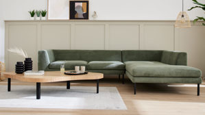 Ecksofa Roomio® aus Stoff in Grün Roomio® No. 4101- Ecksofa olivgrüner Feincord & schwarze Metallfüße 384 - Stellfläche ca. 301 x 201 cm