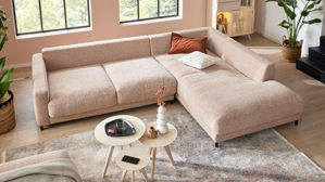 Ecksofa Roomio® aus Stoff in Rosa Roomio® No. 4103 - Ecksofa rostfarben melierter Bezug Donna & Metallfüße 1116 MFSM - Stellfläche ca.  302 x 223 cm