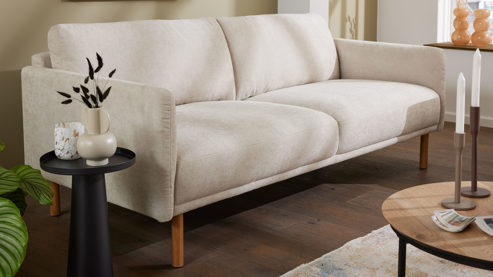 Dreisitzer Roomio® aus Stoff in Weiß Roomio® No. 4104 - Dreisitzer naturfarbener Strukturbezug Yelda & Holzfüße 1103 HFEG - Länge ca. 192 cm