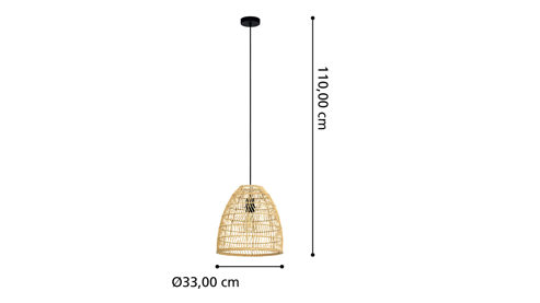 Pendelleuchte Roomio® aus Holz in Holzfarben Roomio® Hängeleuchte No. 9805 Rattan & schwarzes Metall - Durchmesser ca. 33 cm