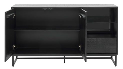 Vitrine Roomio® aus Holz in Schwarz Roomio No. 2001 - Sideboard schwarzes Mangoholz - zwei Türen, eine Schublade, Länge ca. 140 cm