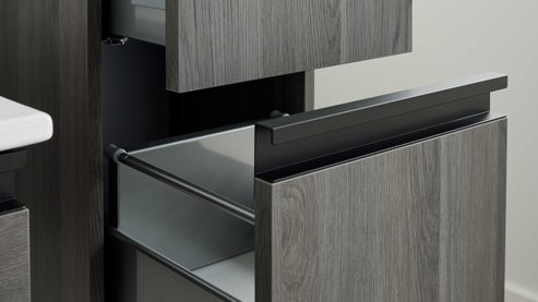 Unterschrank Interliving aus Holz in Grau Interliving Bad Serie 3702 - Unterschrank 7698 mit Ablageplatte graue Cuneo Eiche - zwei Schubladen, Breite ca. 30 cm