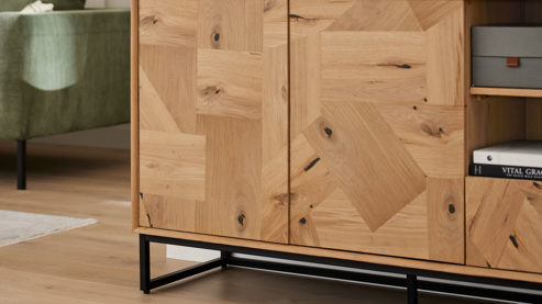 Sideboard Roomio® aus Holz in Holzfarben Roomio No. 2002 - Sideboard Eiche & schwarzes Metall - zwei Türen, eine Schublade, Länge ca. 140 cm