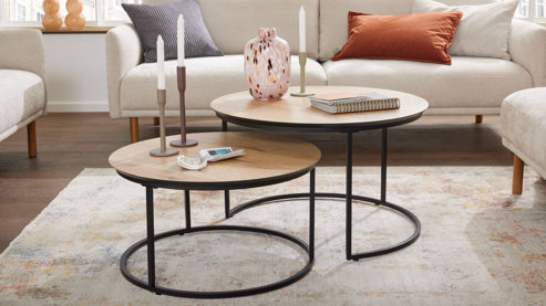 Couchtisch-Set Roomio® aus Holz in Holzfarben Roomio No. 2002 - Couchtisch-Set Eichefurnier & schwarzes Metall - zweiteilig