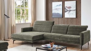 Ecksofa modulmaster aus Stoff in Grün Modulmaster Serie MM-ZE1195 - Ecksofa olivgrünes Flachgewebe Maranta & schwarze Metallfüße – Stellfläche ca. 191 x 305 cm