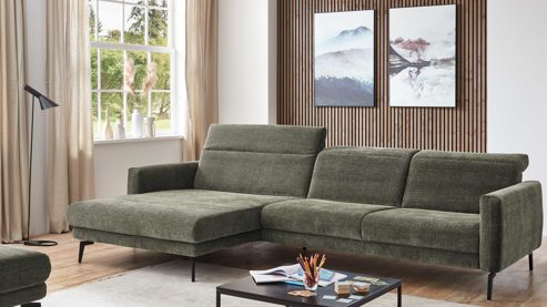 Ecksofa modulmaster aus Stoff in Grün Modulmaster Serie MM-ZE1195 - Ecksofa olivgrünes Flachgewebe Maranta & schwarze Metallfüße – Stellfläche ca. 191 x 305 cm