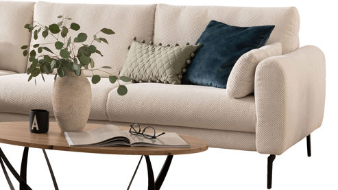 Ecksofa Megapol aus Stoff in Beige Polsterprogramm VS-MP1196 - Ecksofa naturfarbener VeloursCastle & schwarze Metallfüße – Stellfläche ca.  180 x 305 cm