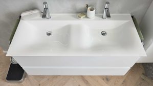 Waschtisch-Set / Waschbecken-Set Interliving aus Holz in Weiß Interliving Bad Serie 3702 - Waschtischunterschrank 7793 mit Doppelwaschtisch Edelweiß - zwei Schubladen, Breite ca. 120 cm