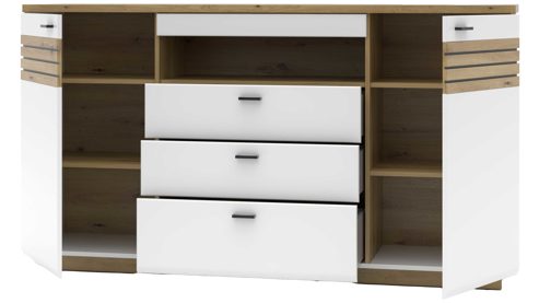 Sideboard MIVIVO aus Holz in Weiß MIVIVO Wohnprogramm Fresno - Sideboard Mattweiß & Artisan Eiche - zwei Türen, drei Schubladen, Breite ca. 175 cm