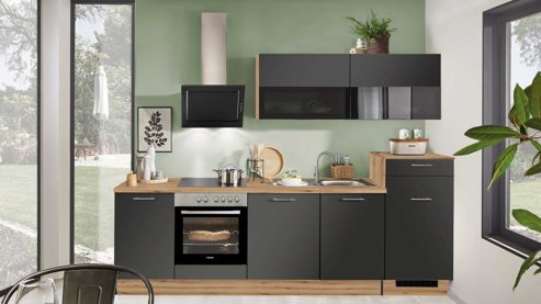 Einbauküche Pino aus Holz in Graphit pino Einbauküche inklusive Einbaugeräte Grafit & Evoke Eiche - Länge ca. 290 cm
