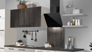 Einbauküche Pino aus Holz in Hellgrau pino Einbauküche inklusive Einbaugeräte Kaschmirgrau & Hemlock Lava Eiche - Länge ca. 290 cm