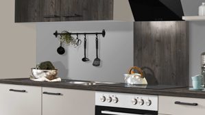 Einbauküche Pino aus Holz in Hellgrau pino Einbauküche inklusive Einbaugeräte Kaschmirgrau & Hemlock Lava Eiche - Länge ca. 290 cm