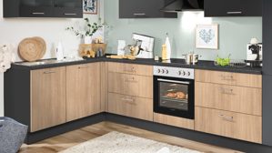 Einbauküche Pino aus Holz in Holzfarben pino Einbauküche inklusive Einbaugeräte Eiche Aviva & Grafit - Stellfläche ca. 275 x 205