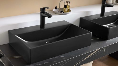 Waschtisch-Set / Waschbecken-Set Interliving aus Holz in Schwarz Interliving Bad Serie 3725 – Konsolen-Set Marmor Venato Nero - Länge ca. 160 cm