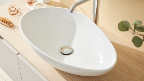 Waschtisch-Set / Waschbecken-Set Interliving aus Holz in Hellgrau Interliving Bad Serie 7969 - Badmöbel-Set Basis sandfarbenes Lacklaminat & Eiche Como - Länge ca. 138 cm