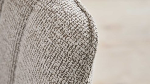 Tischgruppe Interliving aus Holz in Holzfarben Interliving Esszimmer Serie 5102 – Essgruppe im Skandi-Style Eiche Bianco & leinenfarbener Jacquard Lodge L07 - siebenteilig