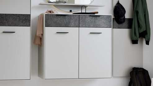 Schuhschrank Interliving aus Holz in Weiß Interliving Garderoben Serie 6013 - Schuhschrank Sahara Creme & Granitfurnier - zwei Türen, zwei Schubladen, Breite ca. 90 cm