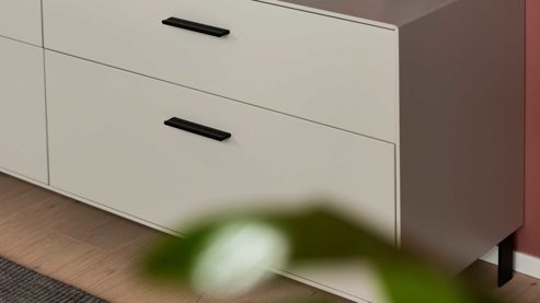 Wohnwand Interliving aus Holz in Weiß Interliving Wohnzimmer Serie 2030 PLUS - Wohnwand 80 Sahara Creme & Granitfurnier - fünfteilig, Länge ca. 309 cm