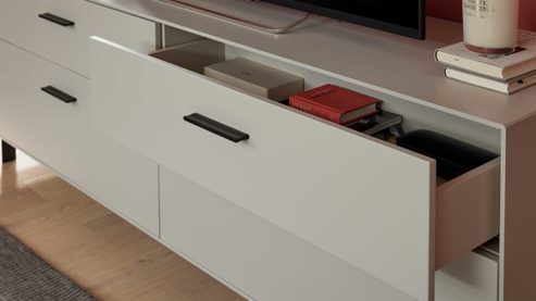 Lowboard Interliving aus Holz in Weiß Interliving Wohnzimmer Serie 2030 PLUS - Lowboard Sahara Creme & Granitfurnier - zwei Schubladen, zwei Klappen, Länge ca. 200 cm