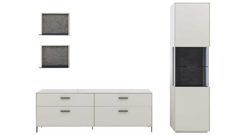 Wohnwand Interliving aus Holz in Weiß Interliving Wohnzimmer Serie 2030 PLUS - Wohnwand Sahara Creme & Granitfurnier - vierteilig, Länge ca. 309 cm
