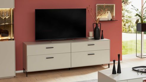 Lowboard Interliving aus Holz in Weiß Interliving Wohnzimmer Serie 2030 PLUS - Lowboard Sahara Creme & Granitfurnier - zwei Schubladen, zwei Klappen, Länge ca. 200 cm