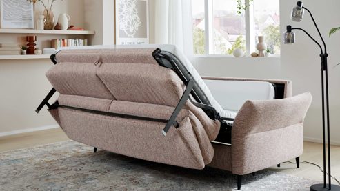 Schlafsofa Interliving aus Stoff in Rosa Interliving Schlafsofa Serie 4700 - Schlafsofa 160LÄ sienafarbener Webstoff Loft & schwarze Aluminiumfüße - Breite ca. 228 cm