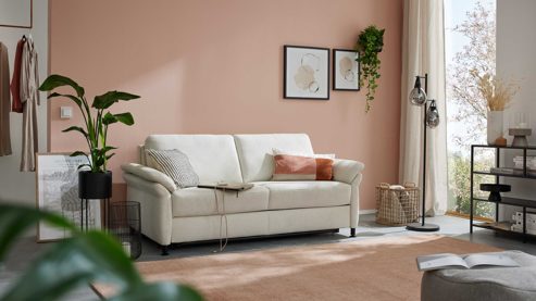 Schlafsofa Interliving aus Stoff in Weiß Interliving Schlafsofa Serie 4700 - Schlafsofa 140LÄ naturweißes Flachgewebe Cyber & schwarze Aluminiumfüße - Breite ca. 208 cm