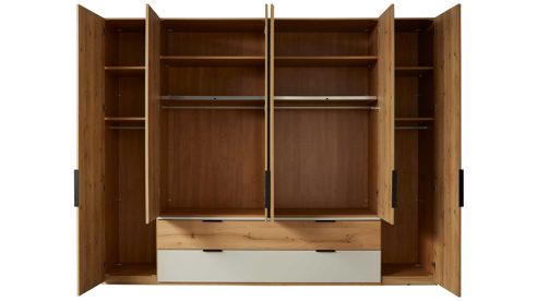 Kleiderschrank Interliving aus Holz in Hellgrau Interliving Schlafzimmer Serie 1034 – Kleiderschrank champagnerfarbenes Glas & Kernholz – sechs Türen & zwei Schubladen, Breite ca. 300 cm