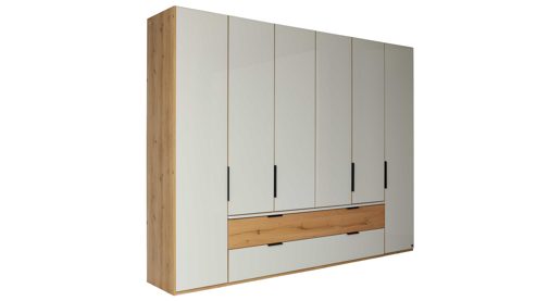 Kleiderschrank Interliving aus Holz in Hellgrau Interliving Schlafzimmer Serie 1034 – Kleiderschrank champagnerfarbenes Glas & Kernholz – sechs Türen & zwei Schubladen, Breite ca. 300 cm