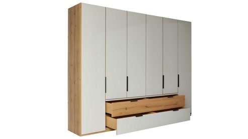 Kleiderschrank Interliving aus Holz in Hellgrau Interliving Schlafzimmer Serie 1034 – Kleiderschrank champagnerfarbenes Glas & Kernholz – sechs Türen & zwei Schubladen, Breite ca. 300 cm