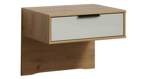 Nachtkommoden-Set Interliving aus Holz in Hellgrau Interliving Schlafzimmer Serie 1034 – Hängekonsolen-Set champagnerfarbenes Glas & Bianco Eiche – zweiteilig
