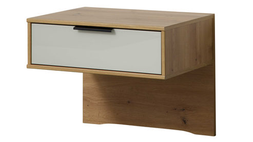 Nachtkommoden-Set Interliving aus Holz in Hellgrau Interliving Schlafzimmer Serie 1034 – Hängekonsolen-Set champagnerfarbenes Glas & Bianco Eiche – zweiteilig