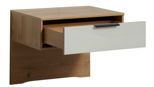 Nachtkommoden-Set Interliving aus Holz in Hellgrau Interliving Schlafzimmer Serie 1034 – Hängekonsolen-Set champagnerfarbenes Glas & Bianco Eiche – zweiteilig