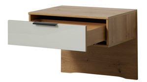 Nachtkommoden-Set Interliving aus Holz in Hellgrau Interliving Schlafzimmer Serie 1034 – Hängekonsolen-Set champagnerfarbenes Glas & Bianco Eiche – zweiteilig