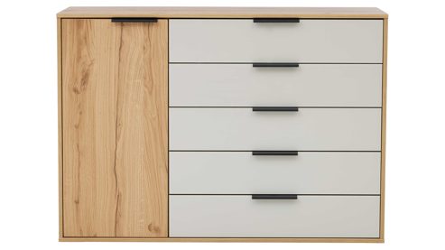 Kombikommode Interliving aus Holz in Hellgrau Interliving Schlafzimmer Serie 1034 – Kombikommode champagnerfarbenes Glas & Bianco Eiche – eine Tür, fünf Schubladen, Breite ca. 120 cm