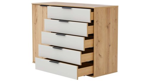 Kombikommode Interliving aus Holz in Hellgrau Interliving Schlafzimmer Serie 1034 – Kombikommode champagnerfarbenes Glas & Bianco Eiche – eine Tür, fünf Schubladen, Breite ca. 120 cm