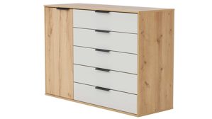 Kombikommode Interliving aus Holz in Hellgrau Interliving Schlafzimmer Serie 1034 – Kombikommode champagnerfarbenes Glas & Bianco Eiche – eine Tür, fünf Schubladen, Breite ca. 120 cm